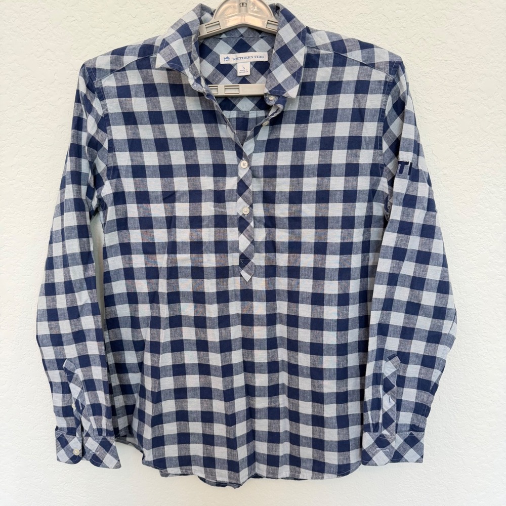 Southern Tide Womens Small Navy Buffalo Check Linen Cotton Popover Shirt‎ YETI